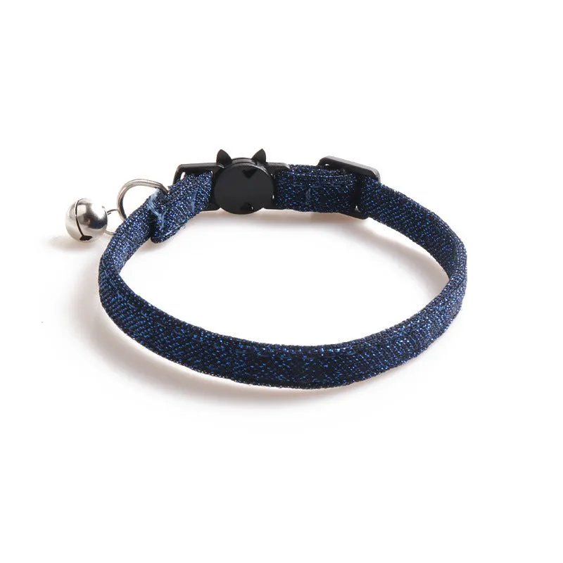 Solid colour cloth cat collar with breakaway buckle, 1cm wide and 28cm long, in blue colour variant
