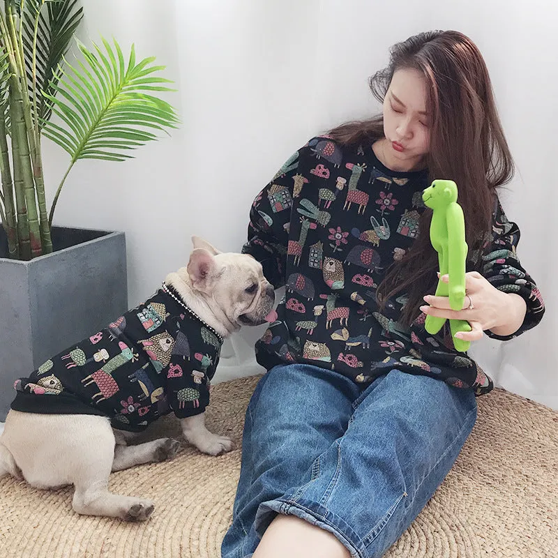 Cotton casual bipod clothing for cats and dogs in black, purple, and yellow, sizes S to 4XL matching parent-child outfits