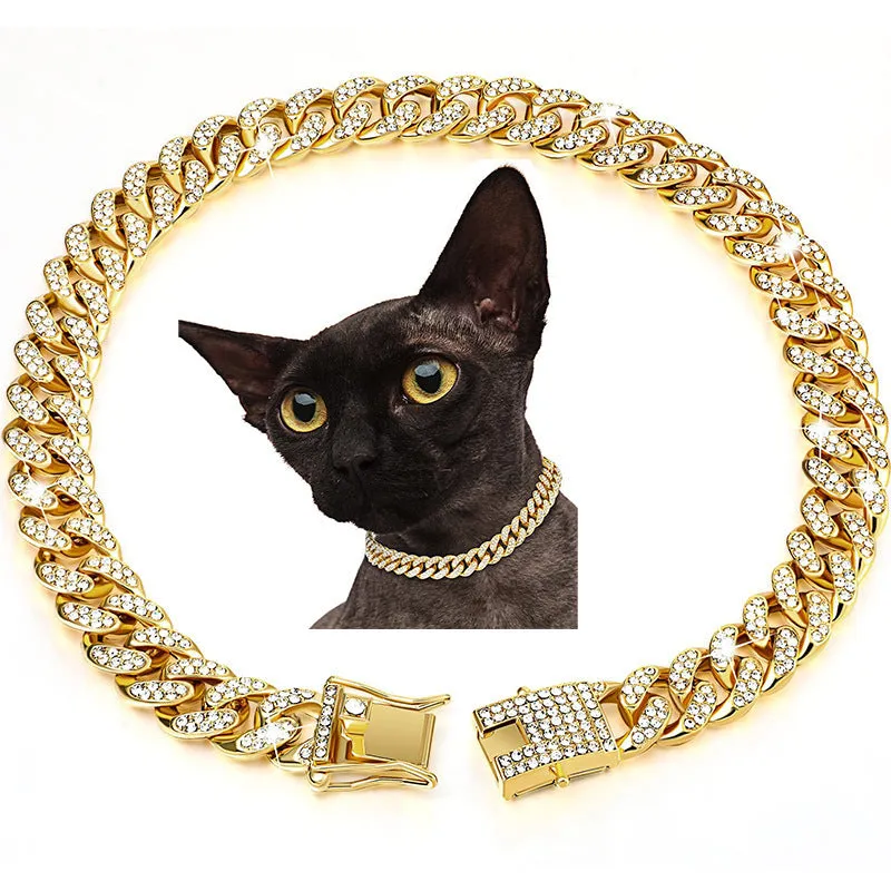 Gold alloy hip hop dog collar necklace with diamond pattern, 12.5mm width, on a white background.