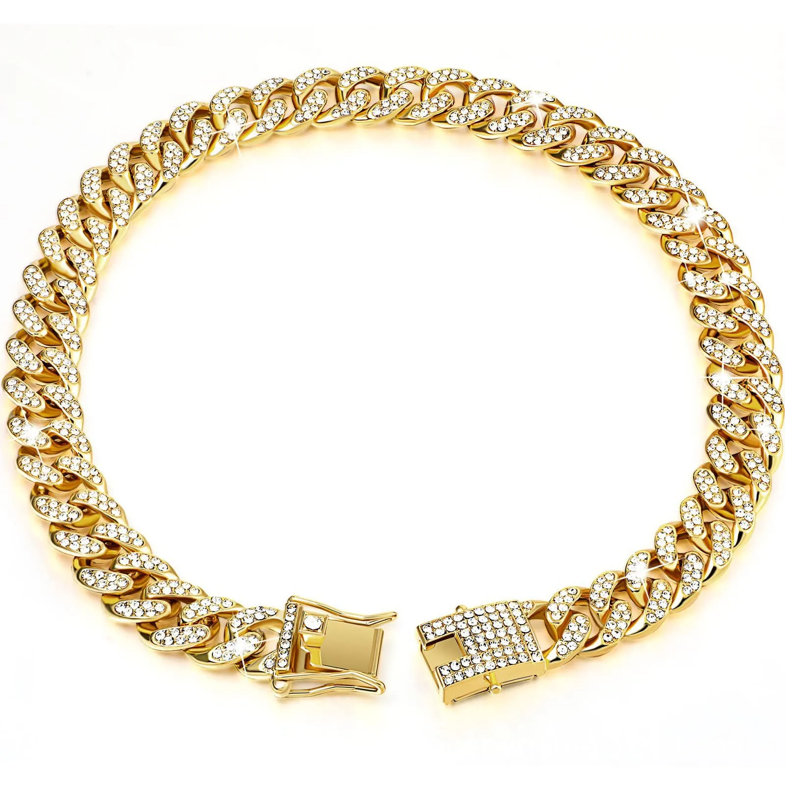 Gold alloy hip hop dog collar necklace with diamond pattern, 12.5mm width, on a white background.