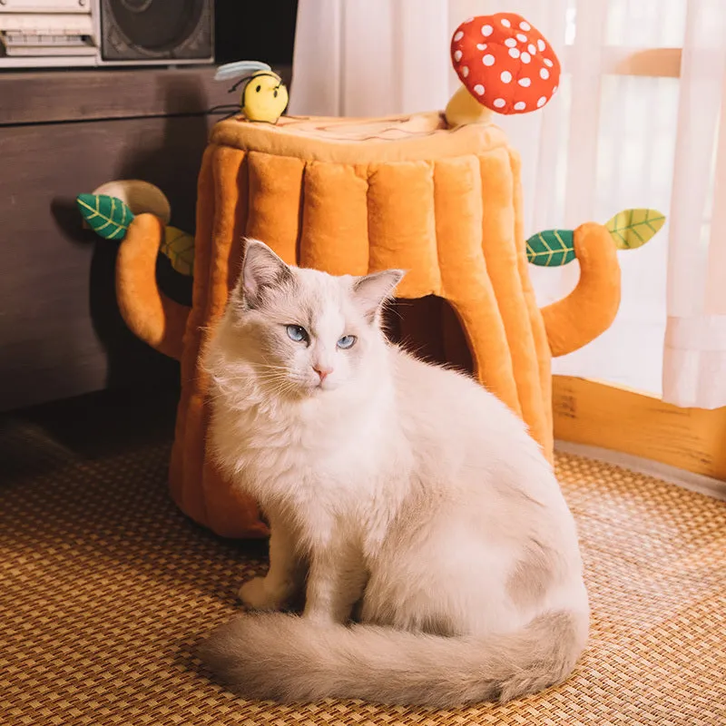 PP cotton lined semi-enclosed tree stump cat sleeping bag 40cm high 38cm diameter for small pets