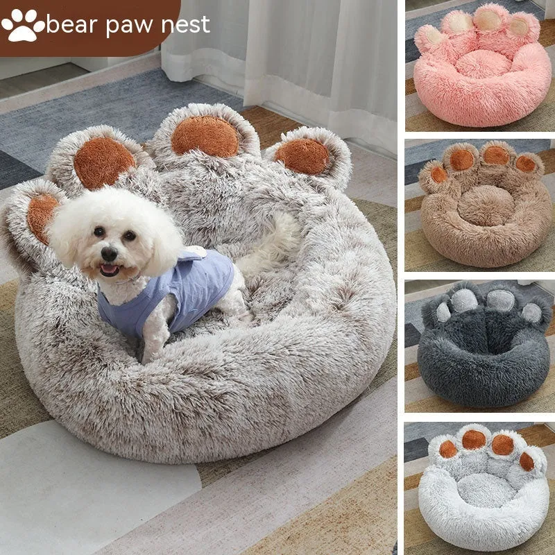 Plush dog house pet bed in gradient brown colour, hand-shaped brush design, 60cm size for small dogs