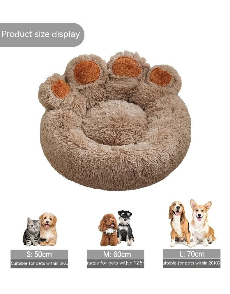 Plush dog house pet bed in gradient brown colour, hand-shaped brush design, 60cm size for small dogs