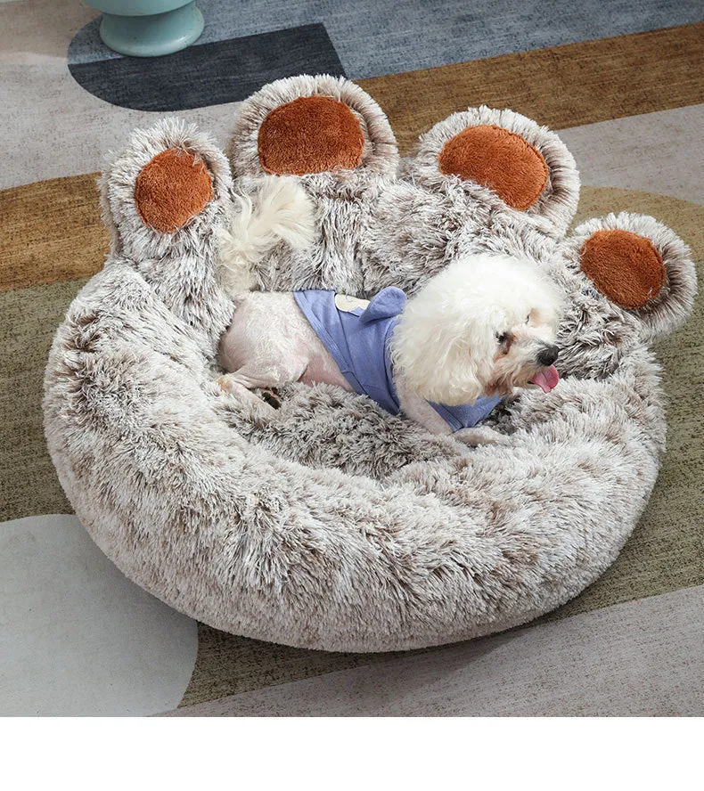 Plush dog house pet bed in gradient brown colour, hand-shaped brush design, 60cm size for small dogs