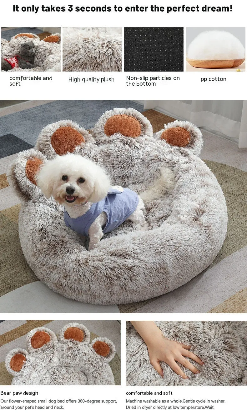 Plush dog house pet bed in gradient brown colour, hand-shaped brush design, 60cm size for small dogs