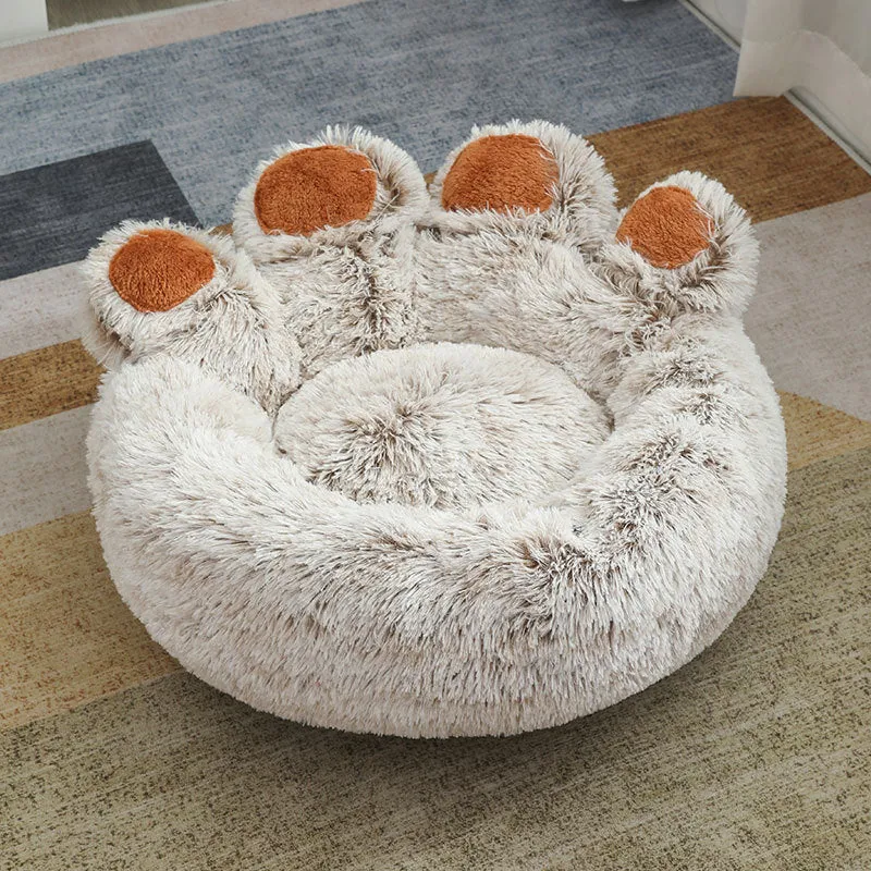 Plush dog house pet bed in gradient brown colour, hand-shaped brush design, 60cm size for small dogs