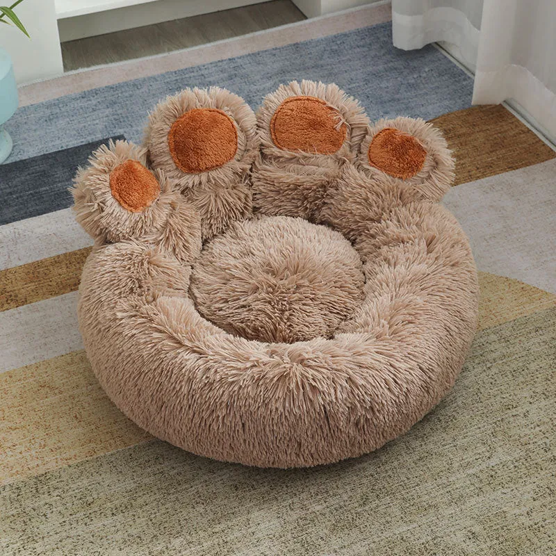 Plush dog house pet bed in gradient brown colour, hand-shaped brush design, 60cm size for small dogs
