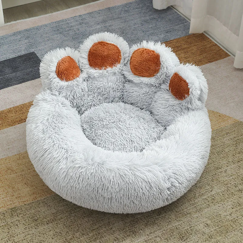 Plush dog house pet bed in gradient brown colour, hand-shaped brush design, 60cm size for small dogs