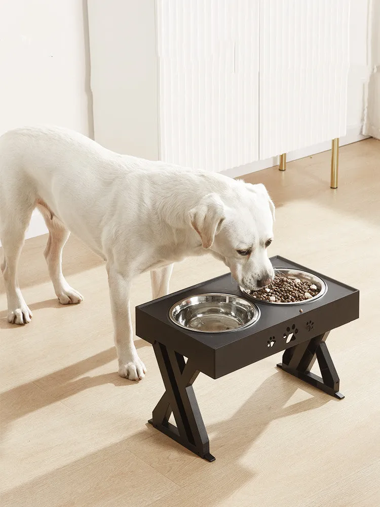 Height-adjustable stainless steel double bowl for dogs with black ABS base and slow feeding design
