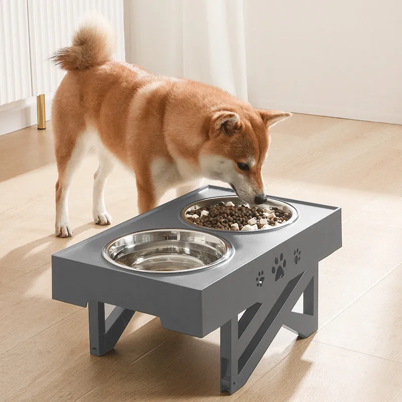 Height-adjustable stainless steel double bowl for dogs with black ABS base and slow feeding design