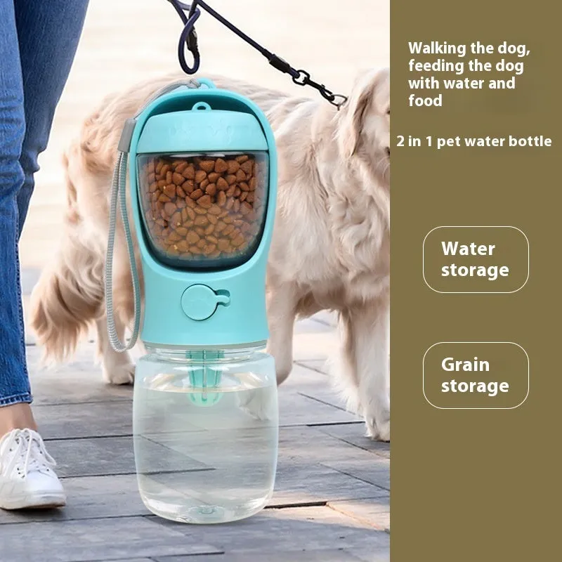 Portable dual-use dog water cup showing drinking bowl and storage bottle design in plastic construction