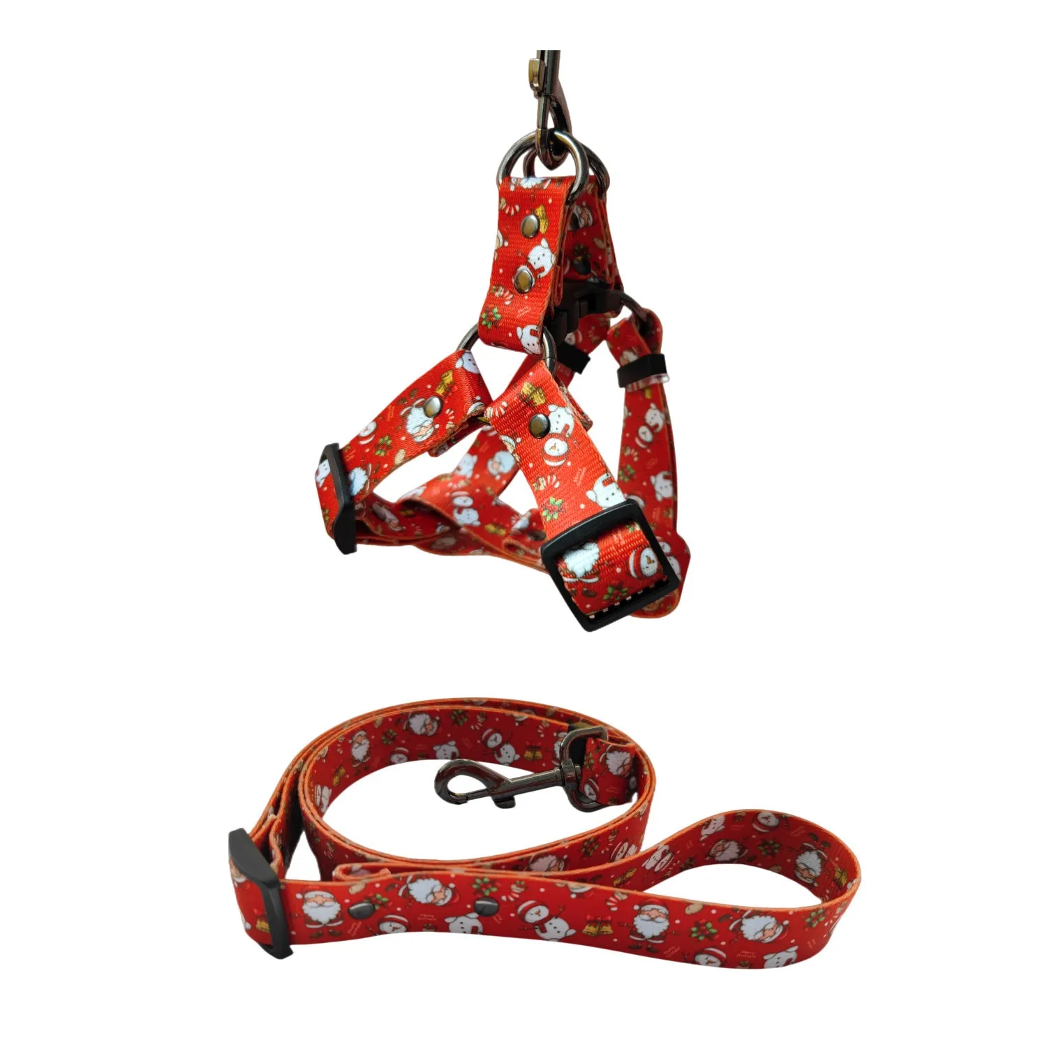 Christmas dog leash chest harness set in red polyester with printed pattern, includes collar and rope