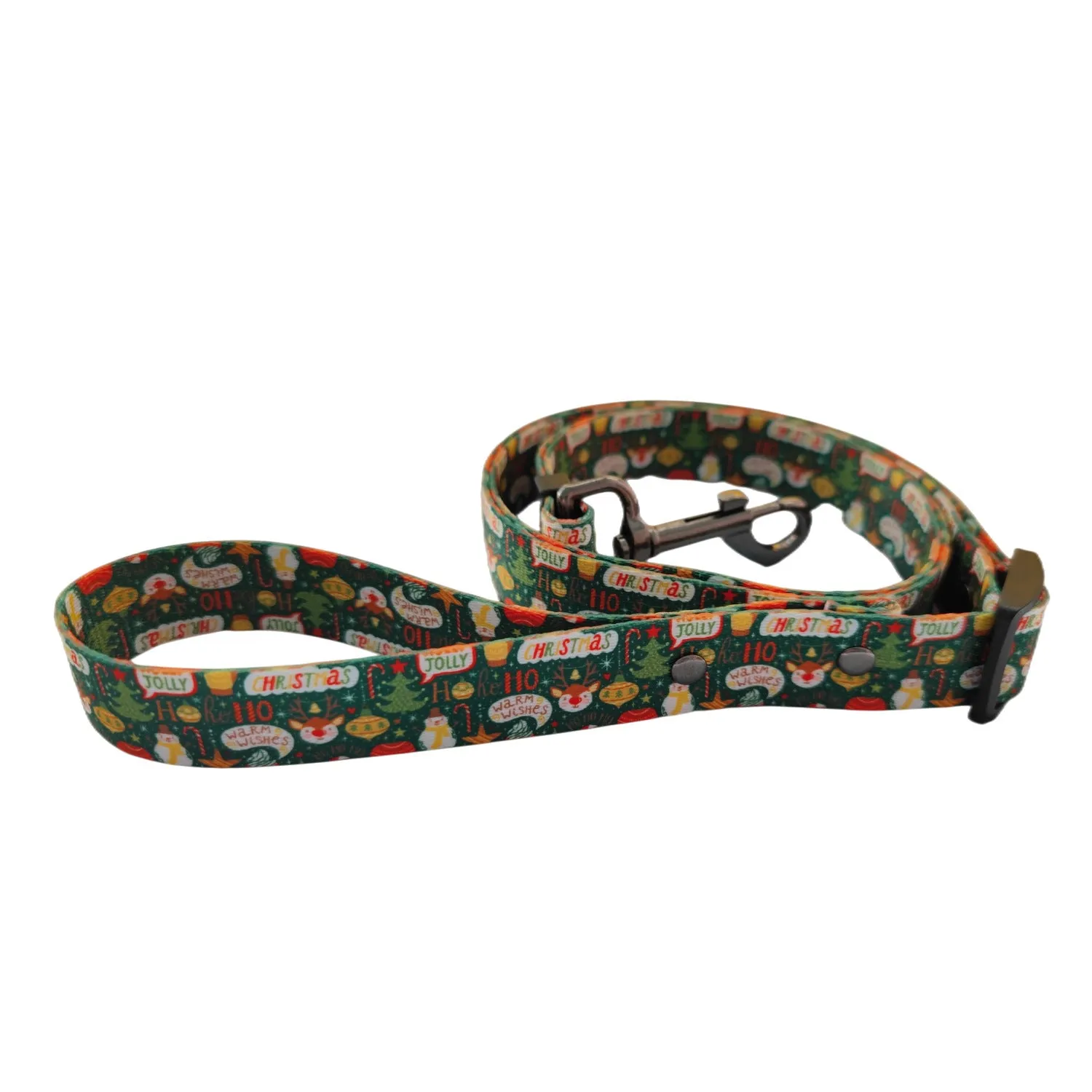 Christmas dog leash chest harness set in red polyester with printed pattern, includes collar and rope