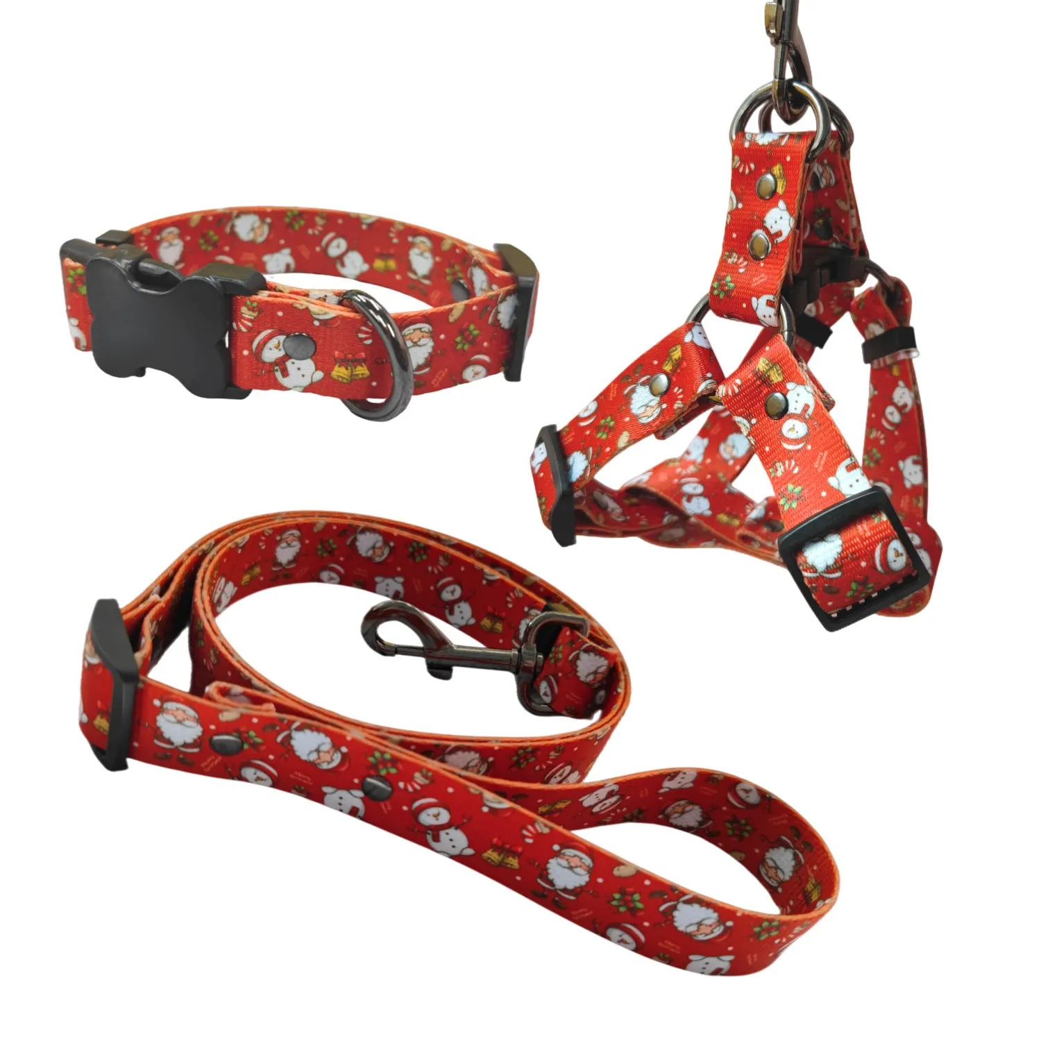 Christmas dog leash chest harness set in red polyester with printed pattern, includes collar and rope