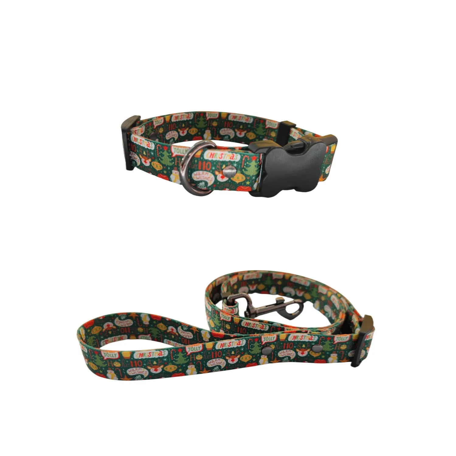 Christmas dog leash chest harness set in red polyester with printed pattern, includes collar and rope