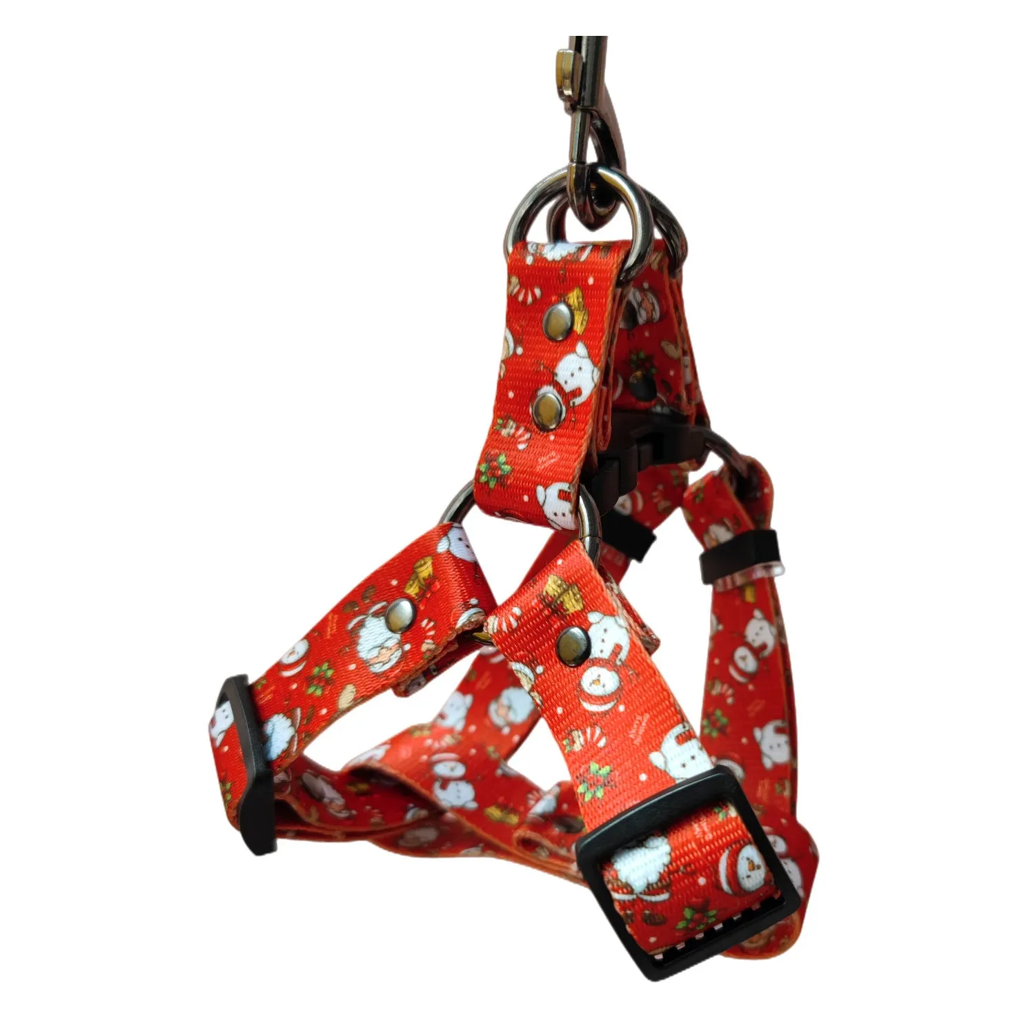 Christmas dog leash chest harness set in red polyester with printed pattern, includes collar and rope