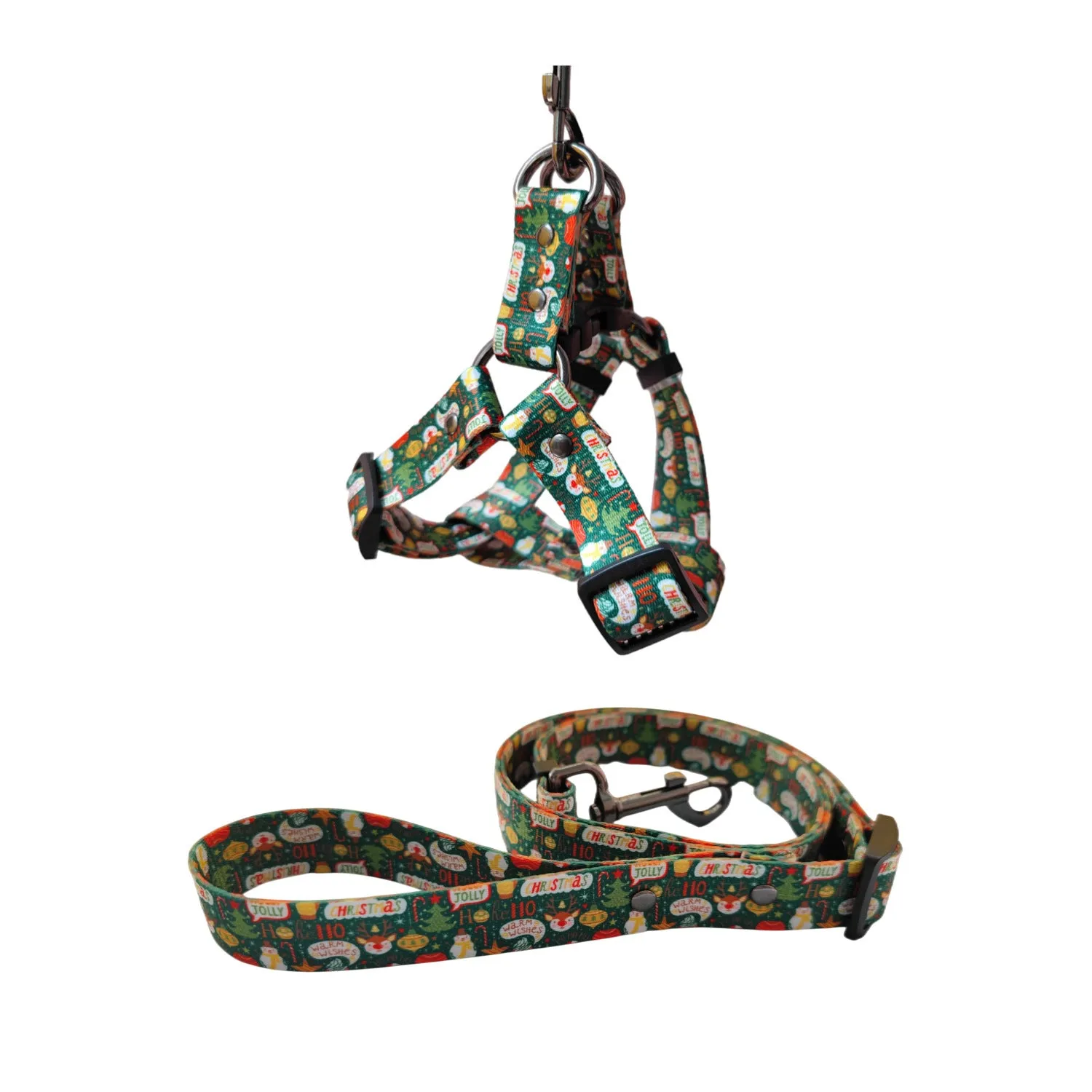 Christmas dog leash chest harness set in red polyester with printed pattern, includes collar and rope