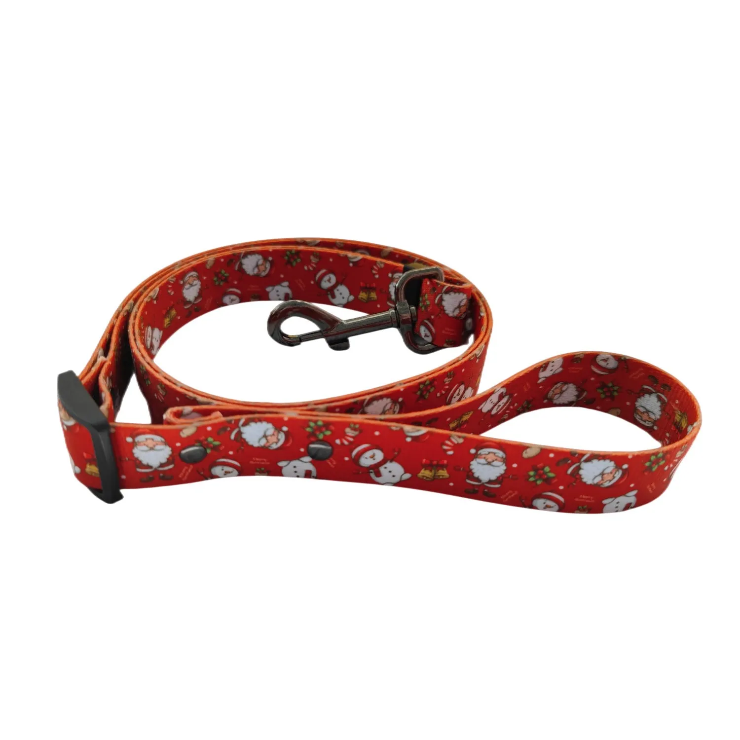 Christmas dog leash chest harness set in red polyester with printed pattern, includes collar and rope