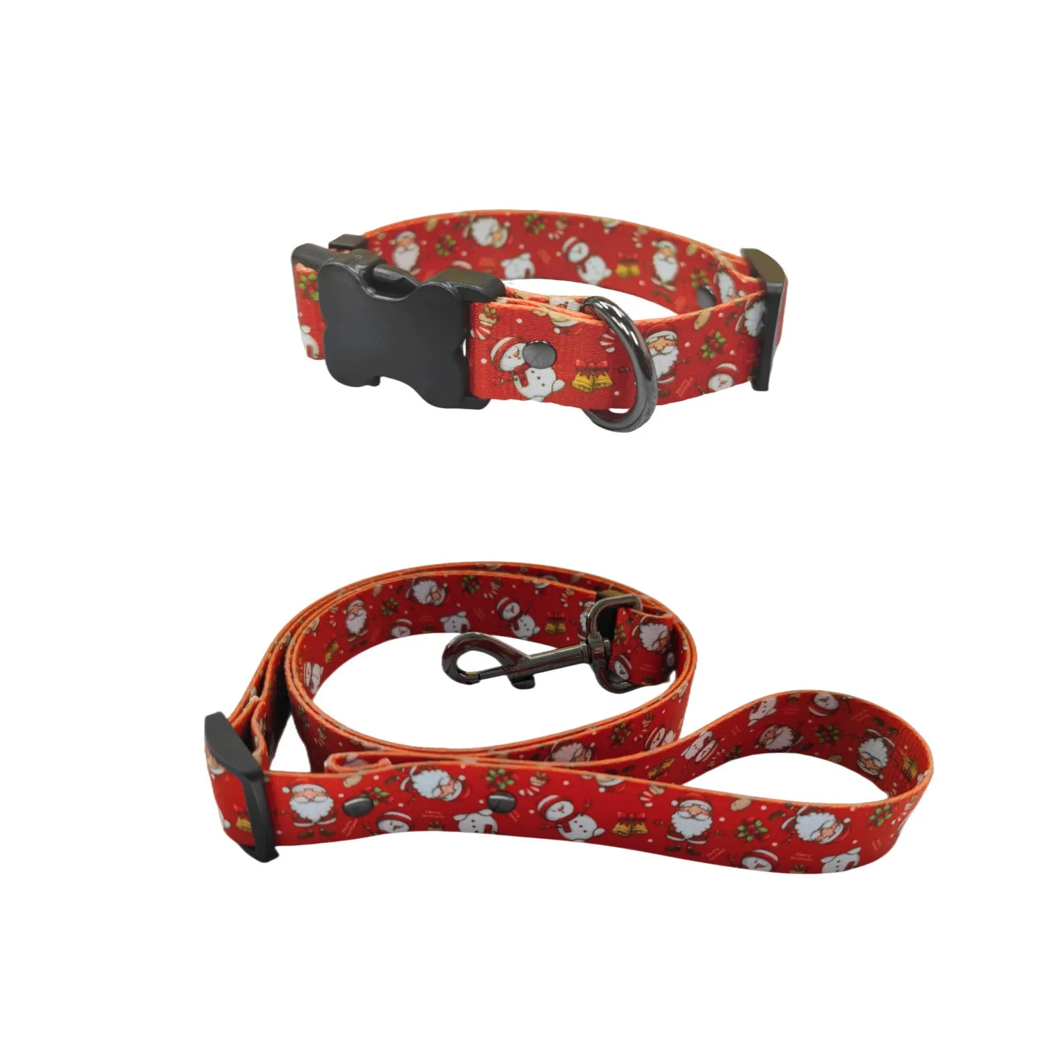 Christmas dog leash chest harness set in red polyester with printed pattern, includes collar and rope