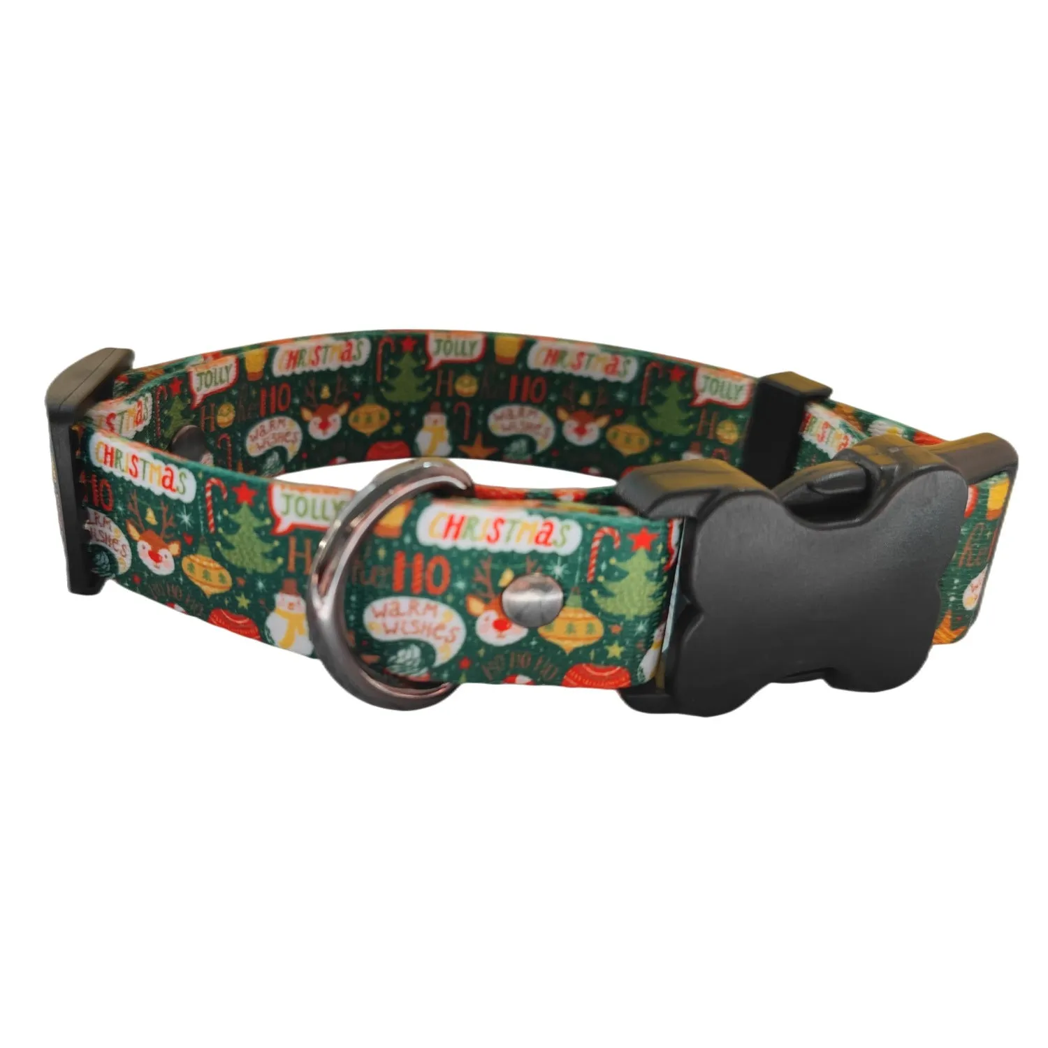 Christmas dog leash chest harness set in red polyester with printed pattern, includes collar and rope