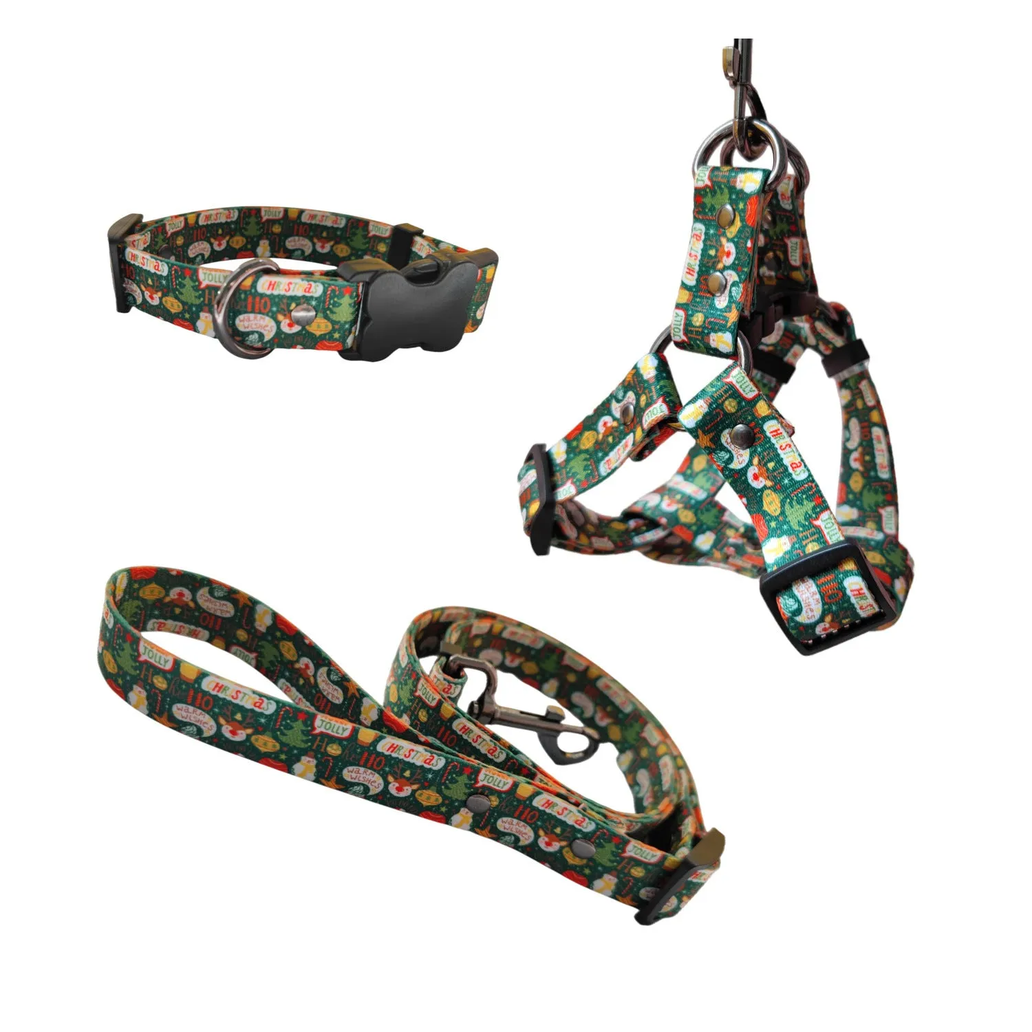 Christmas dog leash chest harness set in red polyester with printed pattern, includes collar and rope