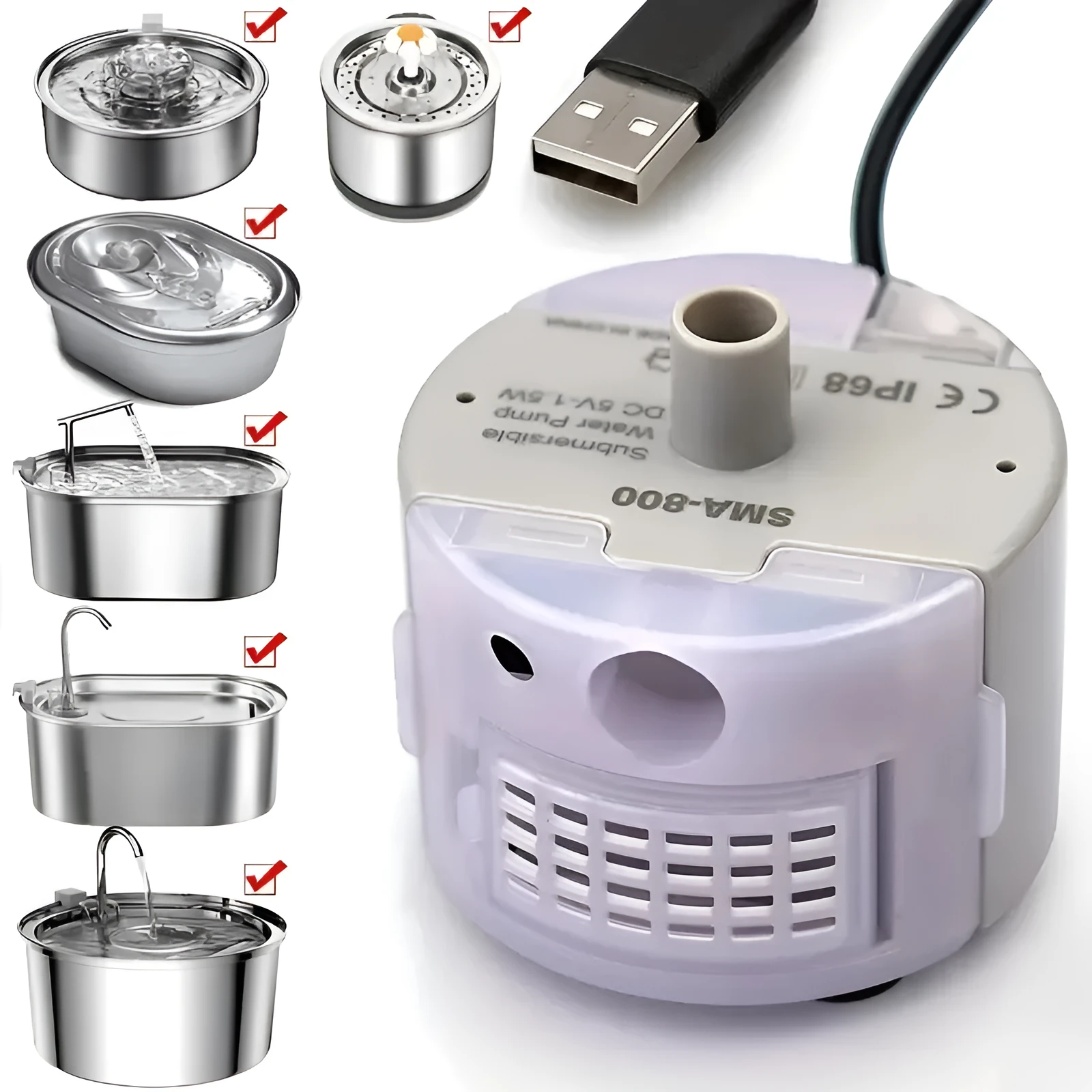 Cylindrical plastic water pump with three cleaning brushes for pet dispensers