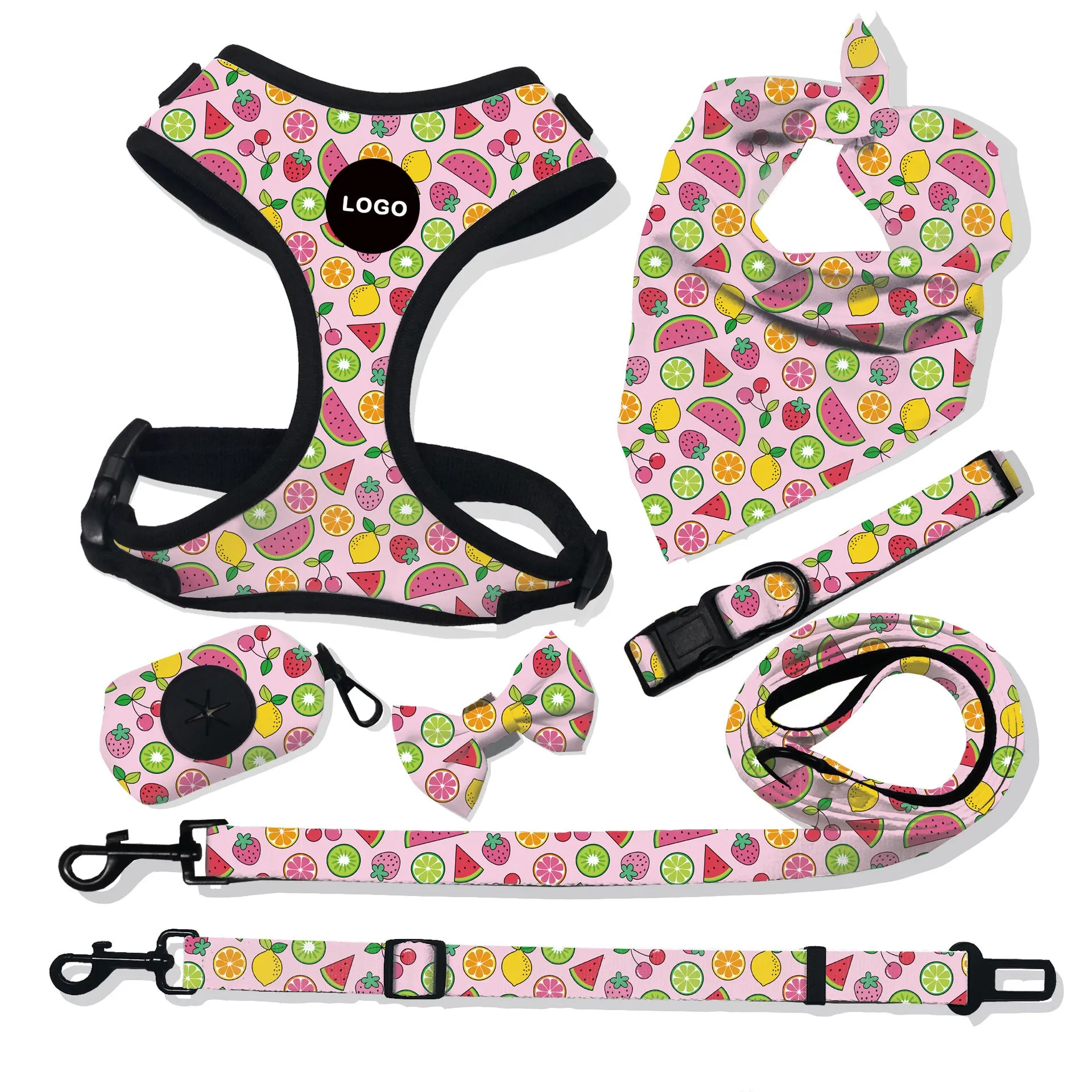 Pet breathable dog harness leash set with printing pattern on cloth material for walking