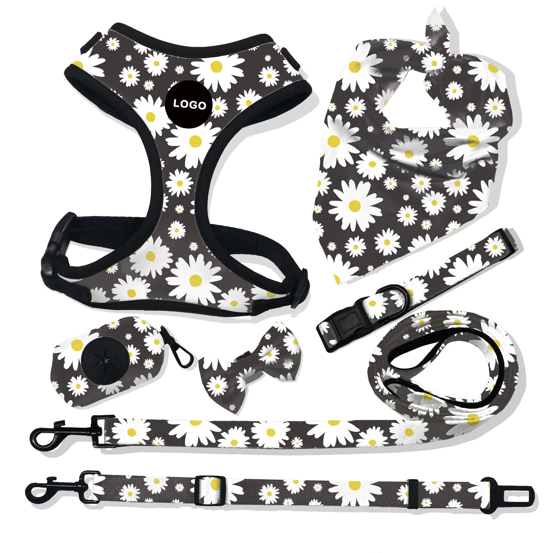 Pet breathable dog harness leash set with printing pattern on cloth material for walking