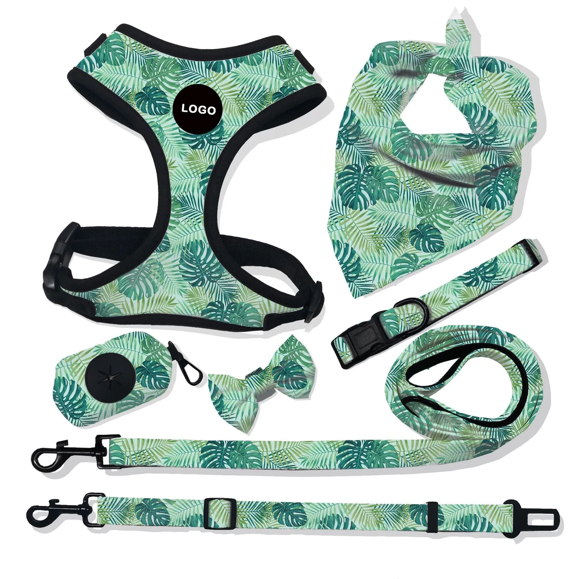 Pet breathable dog harness leash set with printing pattern on cloth material for walking