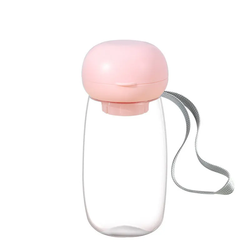 Portable pet water bottle with lanyard in 300ml size, blue colour, showing dispensing bowl section