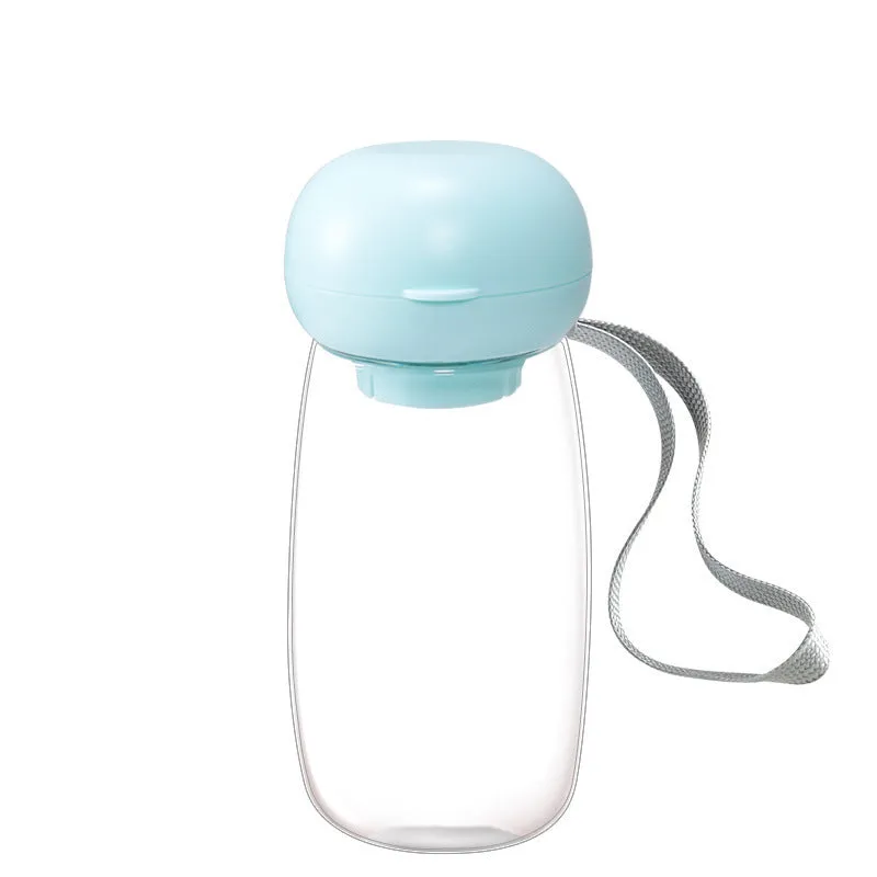 Portable pet water bottle with lanyard in 300ml size, blue colour, showing dispensing bowl section