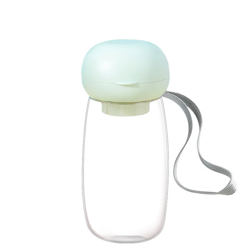 Portable pet water bottle with lanyard in 300ml size, blue colour, showing dispensing bowl section