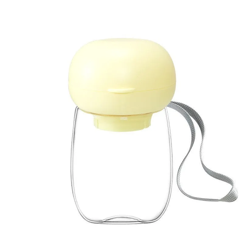 Portable pet water bottle with lanyard in 300ml size, blue colour, showing dispensing bowl section