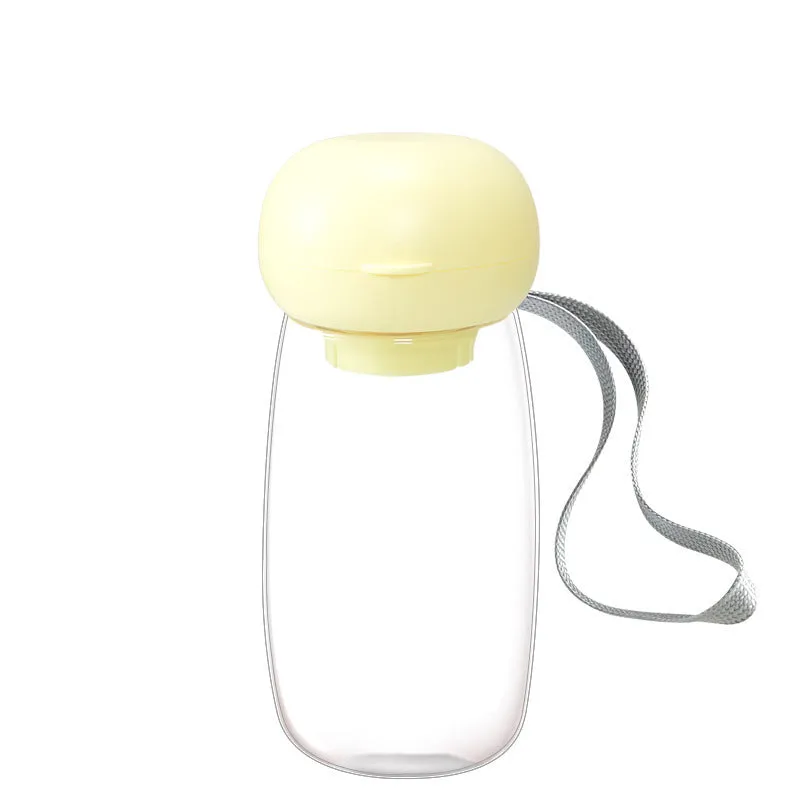Portable pet water bottle with lanyard in 300ml size, blue colour, showing dispensing bowl section