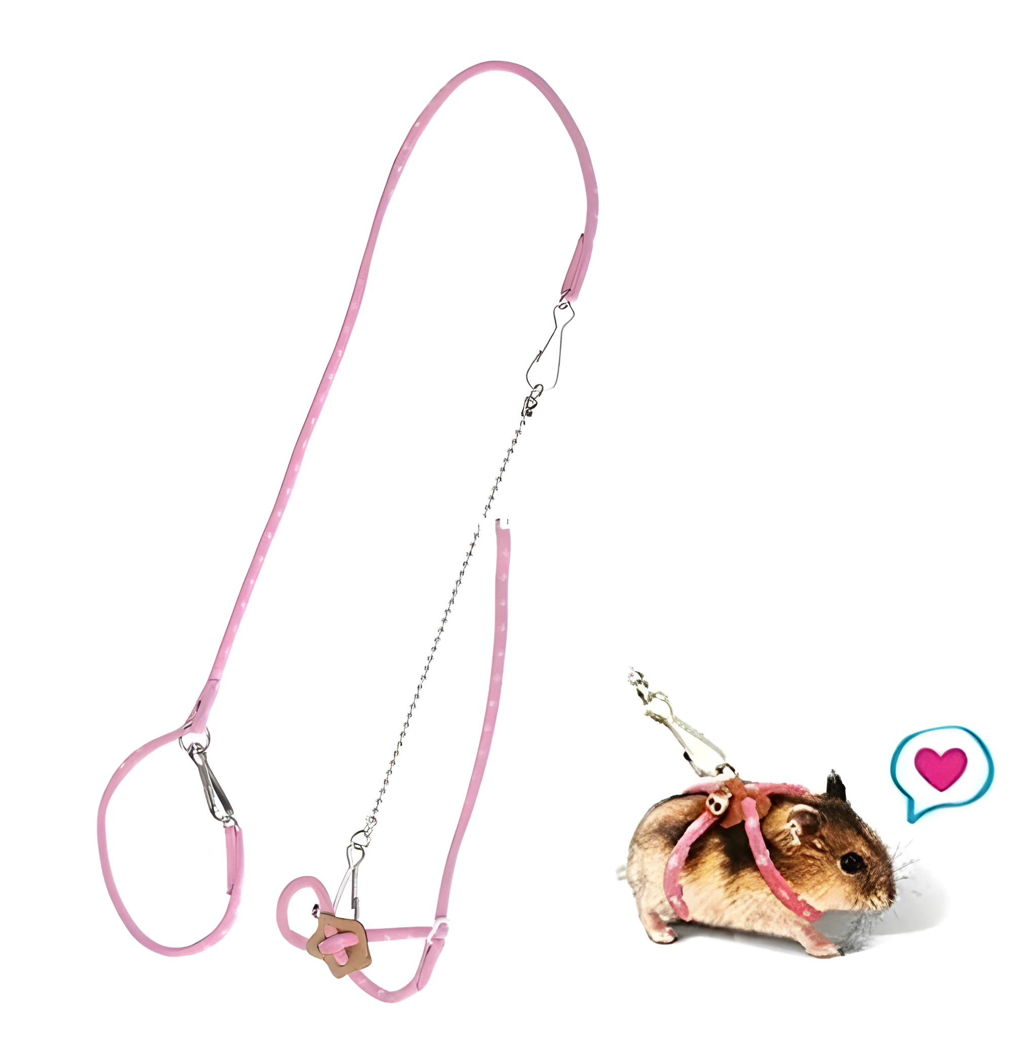 Pink hamster training traction rope harness with adjustable nylon neck and chest loops and small bell on 60cm lead