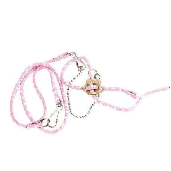 Pink hamster training traction rope harness with adjustable nylon neck and chest loops and small bell on 60cm lead