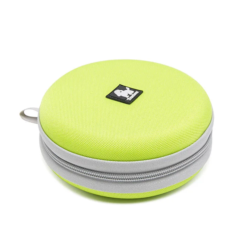 Pet Out kettle dog food bowl set in green showing two 15cm bowls for water and food, with closed Frisbee mode