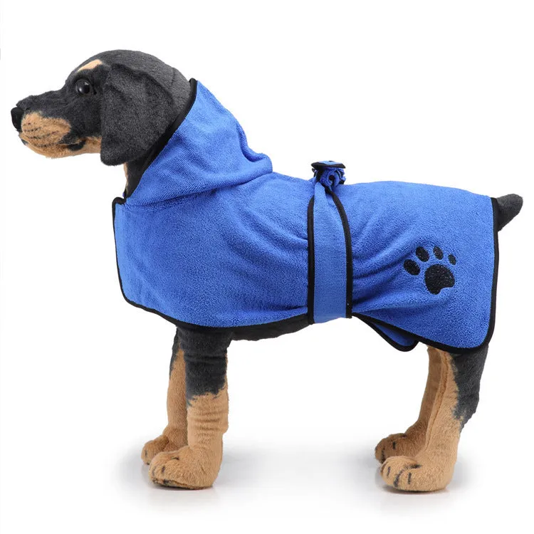 Strong absorbent dog towel pet bathrobe in blue on a dog, showing adjustable belt and Velcro neckline