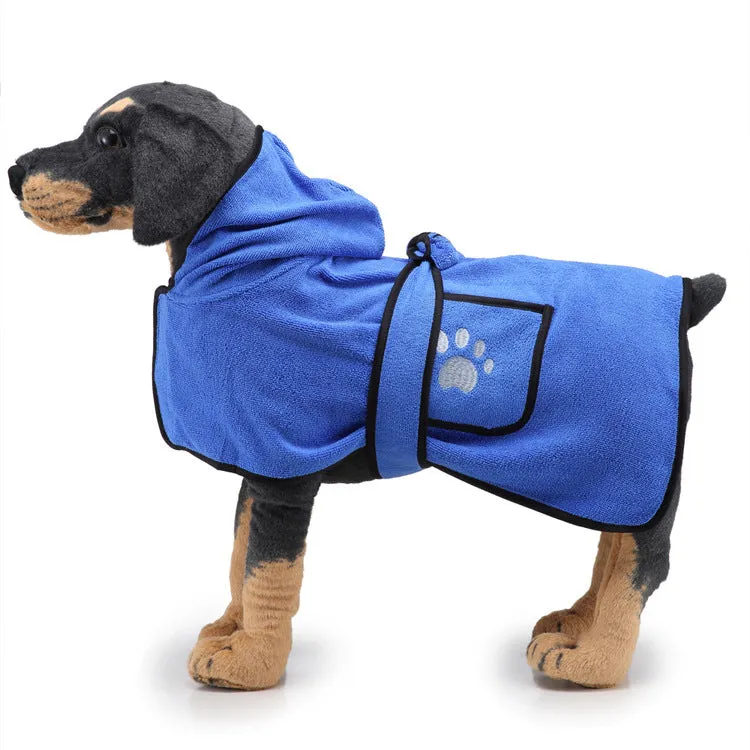 Strong absorbent dog towel pet bathrobe in blue on a dog, showing adjustable belt and Velcro neckline