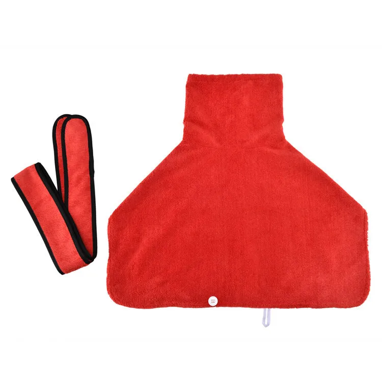 Strong absorbent dog towel pet bathrobe in blue on a dog, showing adjustable belt and Velcro neckline