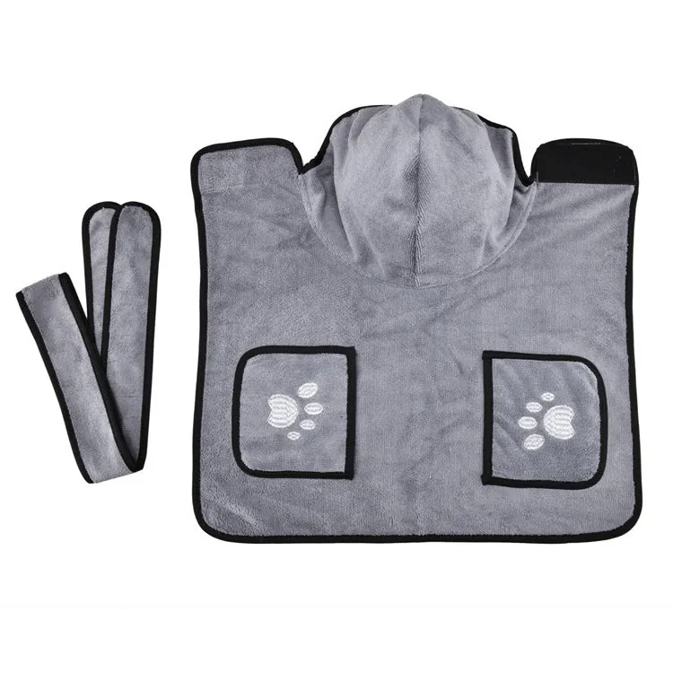 Strong absorbent dog towel pet bathrobe in blue on a dog, showing adjustable belt and Velcro neckline