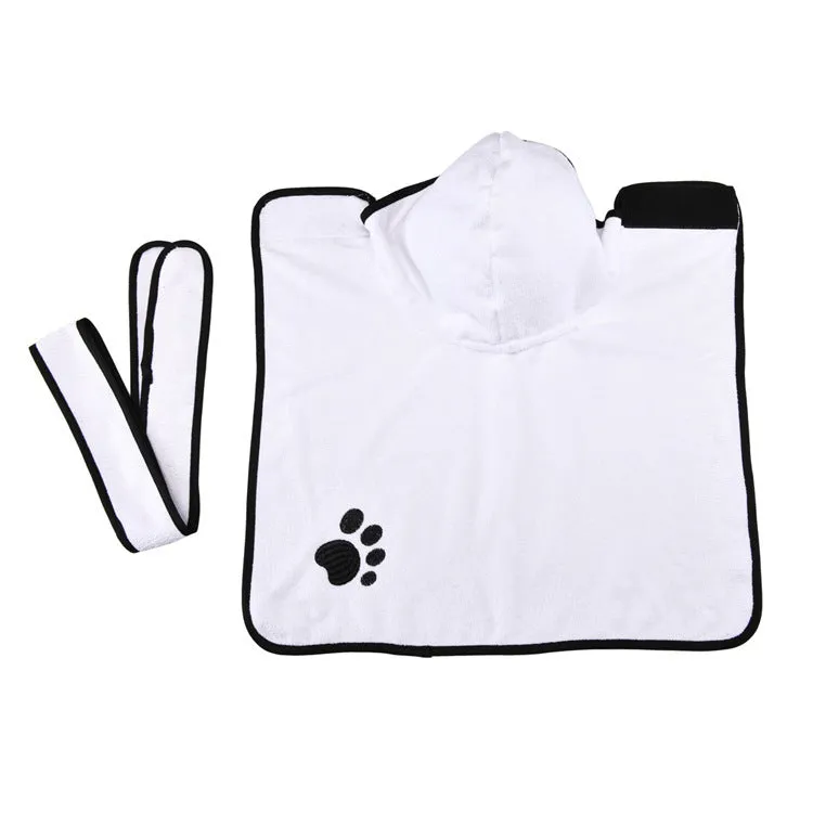 Strong absorbent dog towel pet bathrobe in blue on a dog, showing adjustable belt and Velcro neckline