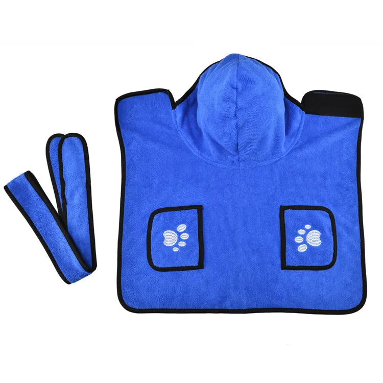 Strong absorbent dog towel pet bathrobe in blue on a dog, showing adjustable belt and Velcro neckline