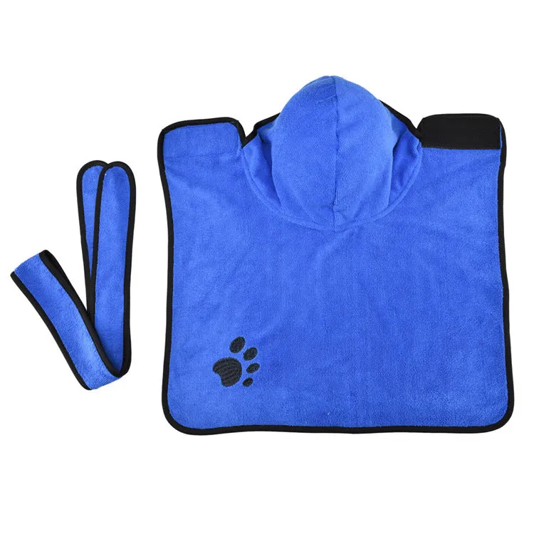 Strong absorbent dog towel pet bathrobe in blue on a dog, showing adjustable belt and Velcro neckline