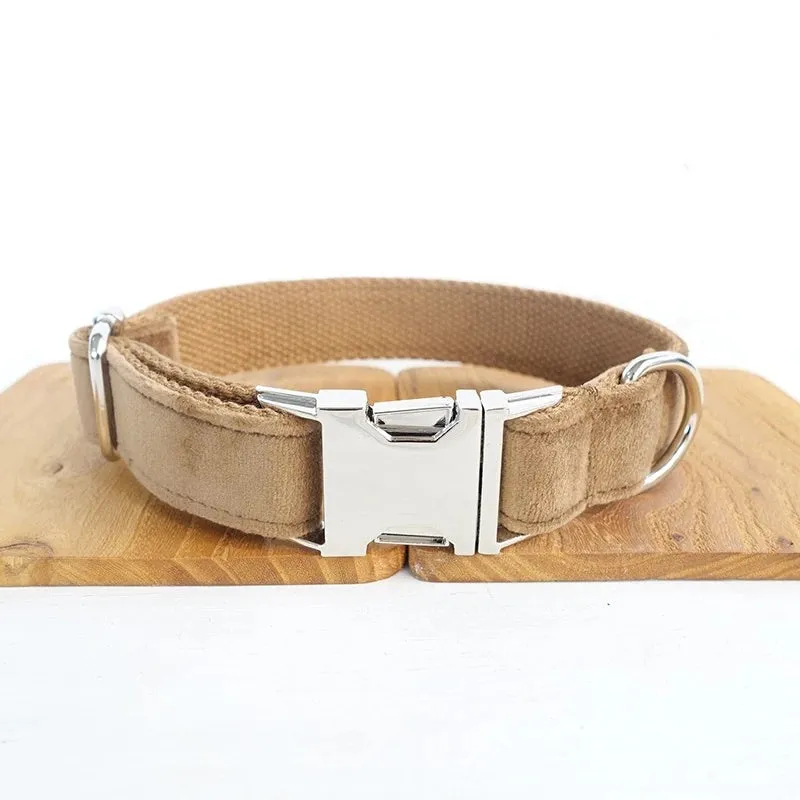 Green nude velvet adjustable pet collar on a light background, with polyester construction and scalable buckle