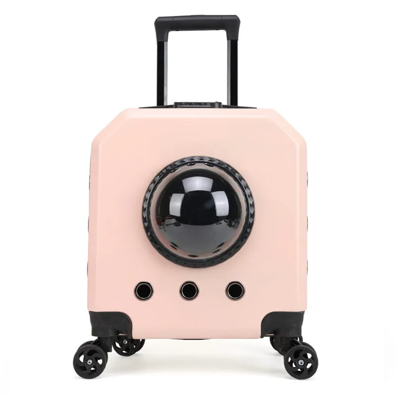 Hard-shell PVC pet flight trolley case in pink colour with retractable handle and wheels.