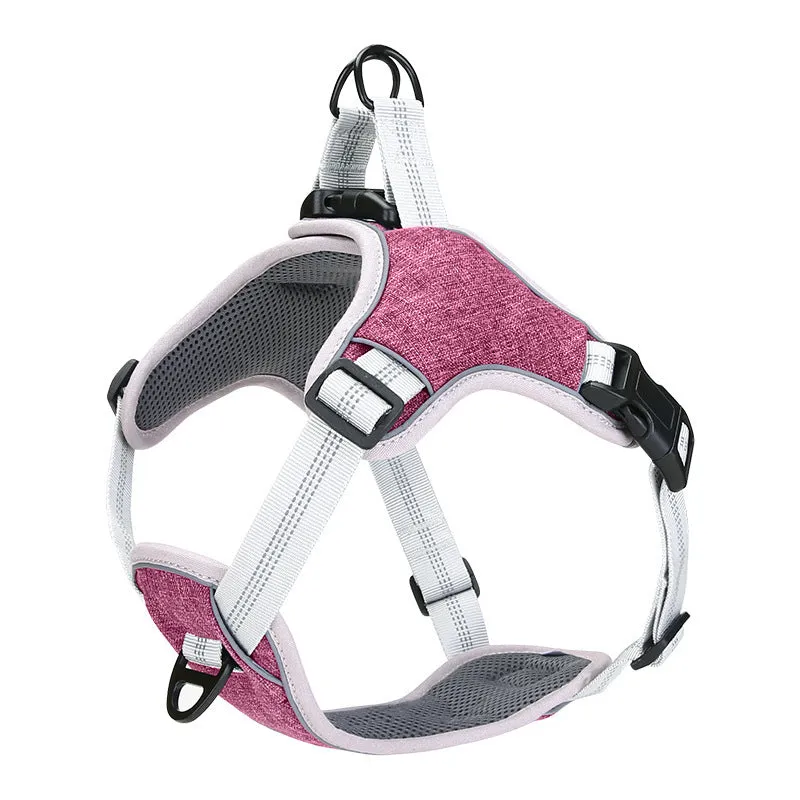 Adjustable reflective polyester dog chest strap in blue with leash, side view on white background