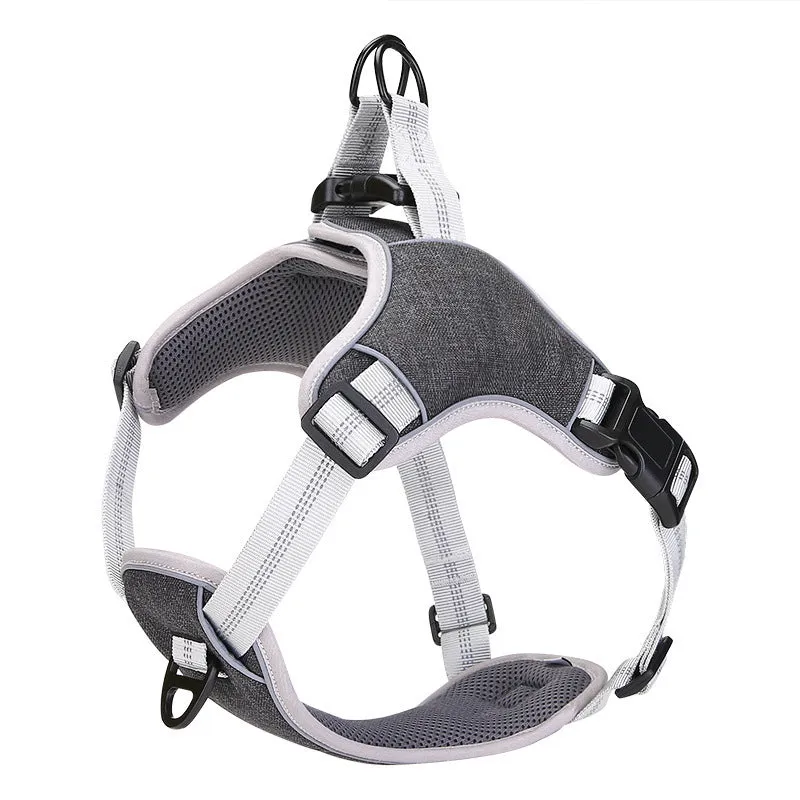 Adjustable reflective polyester dog chest strap in blue with leash, side view on white background