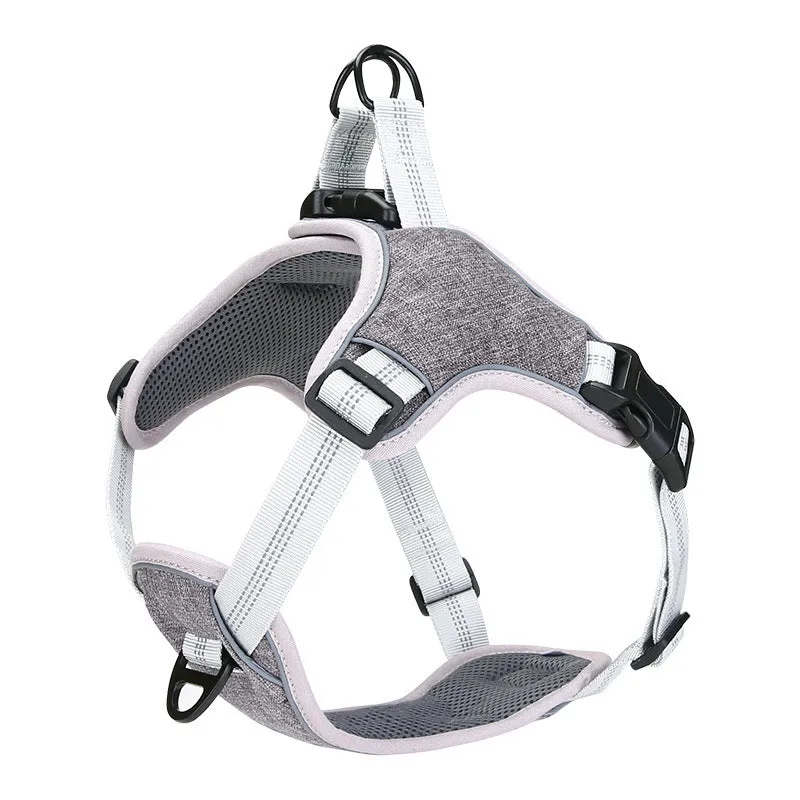 Adjustable reflective polyester dog chest strap in blue with leash, side view on white background