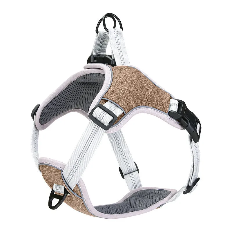Adjustable reflective polyester dog chest strap in blue with leash, side view on white background